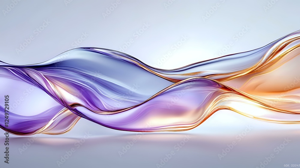 Poster flowing abstract waves in purple and orange create dynamic motion against light background, featurin