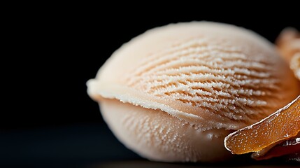 Macro shot of creamy peach ice cream scoop with delicate rippled texture against dark background, showing smooth frozen dessert details and soft curves.