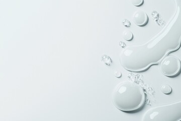 Liquid Serenity: Abstract image of glistening water droplets and smooth pools on a light gray surface, creating a sense of calm and purity.  