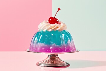 surreal, hyper-glossy blue purple gelatin dessert with an almost glass-like transparency, reflecting light in mesmerizing patterns