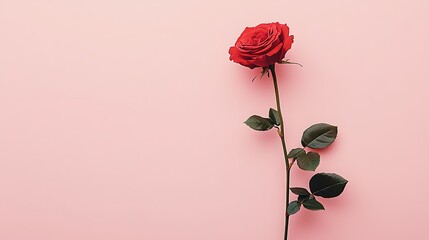 Single red rose on pink background.