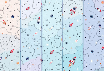 A set of six panels, each featuring a space-themed design with a variety of rocket ships, planets, and stars. Vector patterns, random pattern