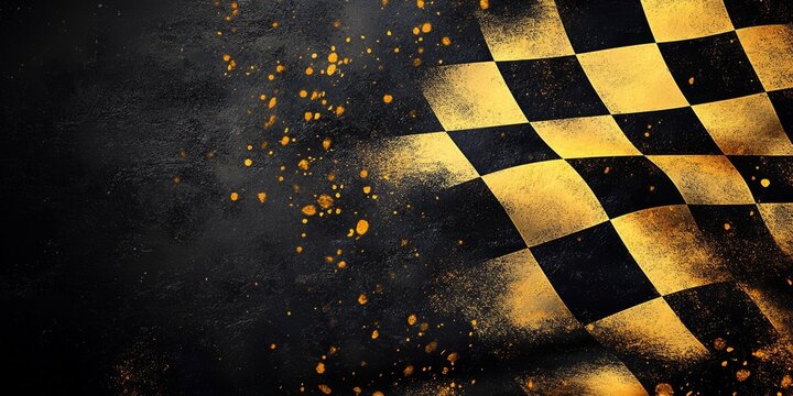 An artistic representation of a checkered flag set against a dark backdrop with gold accents, perfect for racing themes and events