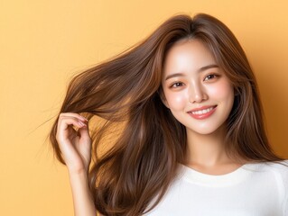 Fototapeta premium Cheerful Young Woman Playfully Touching Her Long Hair Against A Vibrant Orange Background