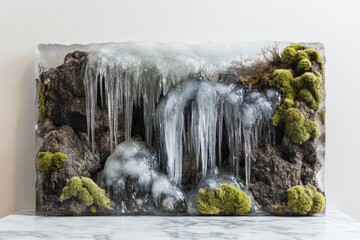 Frozen landscape art piece featuring icicles cascading over moss-covered rocks, encased in clear resin.