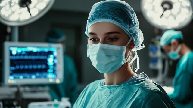 female surgeon wearing a surgical mask posing at work at a surgery room looking at the camera