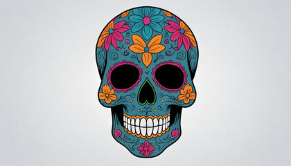 A decorative skull featuring intricate floral patterns in bright colors celebrates the tradition of honor and remembrance. The combination of blue, pink, and yellow flowers adds a lively touch