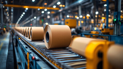 Machines at a paper mill turning pulp into large rolls, symbolizing industrial progress, transformation, and efficiency, with a modern bright tone, blurred motion, and an empty caption space for 