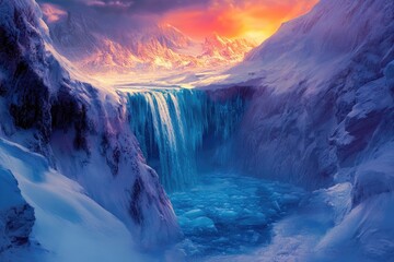 A breathtaking frozen waterfall cascades down snow-covered mountains at sunset, creating a magical winter scene.