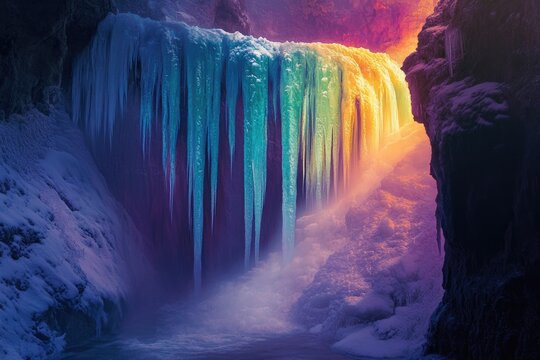 A breathtaking icy waterfall cascades down a gorge, illuminated with vibrant rainbow hues, creating a magical winter scene.