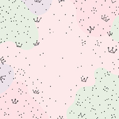 A pink background with scattered dots and small crowns. Vector patterns, random pattern