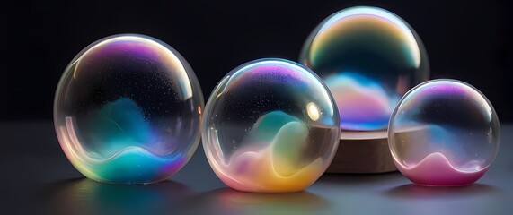 A captivating closeup of soap bubbles their iridescent colors shimmering and dancing in ethereal beauty against a plain background