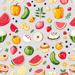 A variety of colorful fruits and desserts, including watermelon, strawberries, blueberries, raspberries, peaches, cantaloupe, and cakes, arranged in a visually appealing and harmonious manner. 