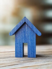 Abstract blue mortgage background with house on wooden surface and upward arrow. Loan, bank and money concept. 3D Rendering