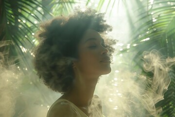 African Woman Relaxing in Nature, Breathing Fresh Air with Eyes Shut