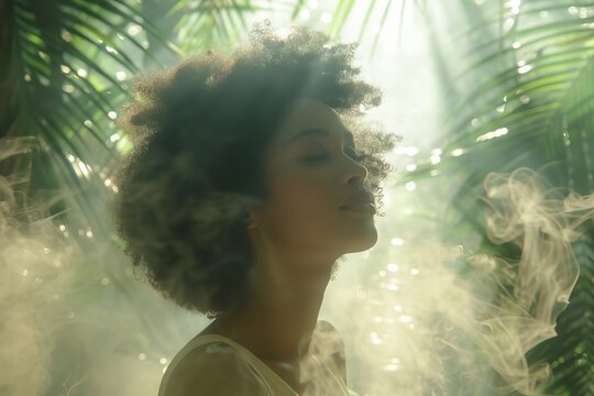 African Woman Relaxing in Nature, Breathing Fresh Air with Eyes Shut