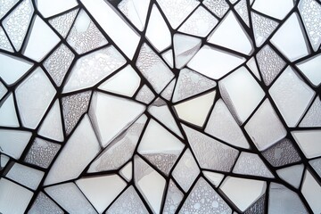 Abstract geometric pattern of irregular white glass pieces with black grout lines, creating a mosaic-like texture.