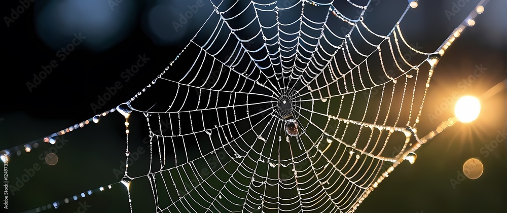 Wall mural a captivating closeup of a spider web covered in dew the intricacy of the design and glistening drop