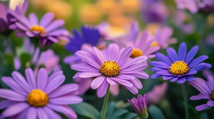 Obraz premium Vibrant Purple Flowers in Bloom Under a Soft Sunlight Glow with a Colorful Background