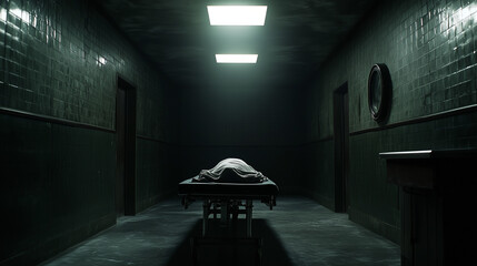 Covered body on autopsy table in dimly lit morgue