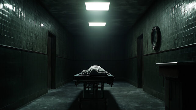 Covered body on autopsy table in dimly lit morgue