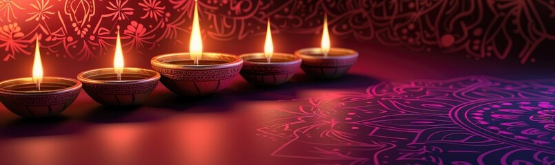 Happy Diwali celebration background. front view of banner design decorated with illuminated oil lamps on patterned red background. Vector watercolor style. text Digital corollary