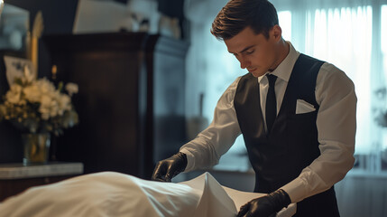 Funeral director in formal attire preparing a body for service