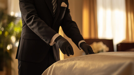 Funeral director in black suit preparing a casket in warm light