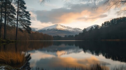 Fototapeta premium Serene Mountain Reflection: A peaceful lake mirrors the stunning mountains and clouds under a golden sunrise.