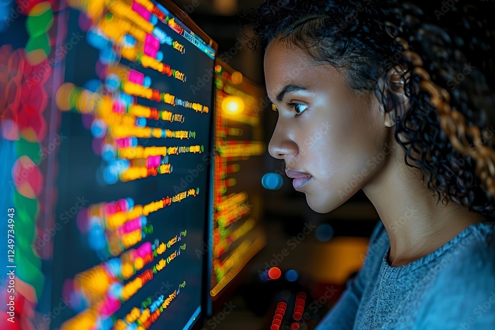 Poster female software developer programming on office computer