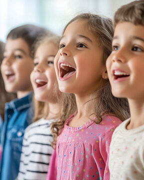  Happy children singing together in a school choir