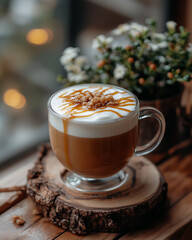 Caramel macchiato in glass mug on rustic wooden table
