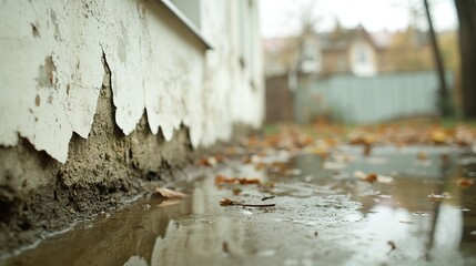 A backyard with a crack in the wall, water trickling down, small puddles gathering, rainy day, rustic house with worn-out features