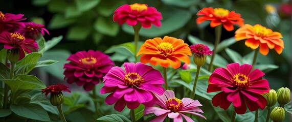 A bright closeup of zinnias blooming in a lively garden celebrating summers vibrancy and the richness of colors that inspire happiness