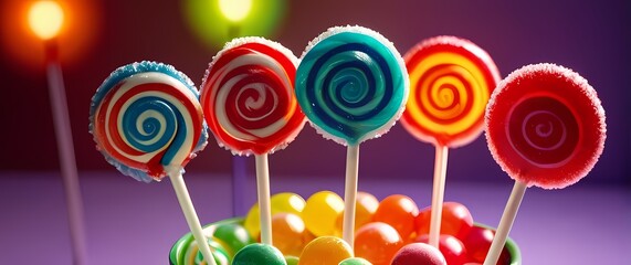 A bright closeup of colorful lollipops arranged in a delightful display enticing the viewer with the sweetness of childhood joys