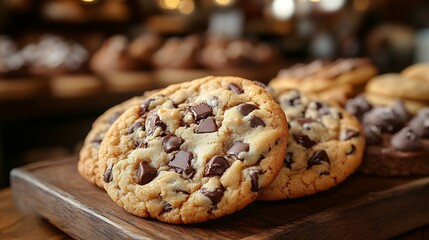 Classic American chocolate chip cookies gooey melted chocolate and crispy edges arranged on a wooden tray surrounded by other bakery treats in a charming bakery shop