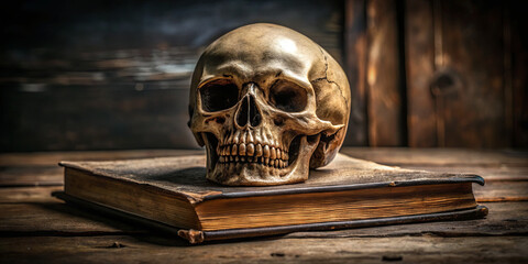 A detailed skull sits atop a weathered book, illuminated softly by warm lighting. The rustic wooden background enhances the overall atmosphere, creating an intriguing focus on the skull