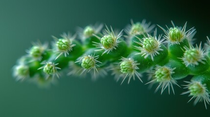 Obraz premium Close-up of cactus branch with buds, blurred green background