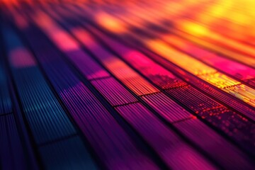 Vibrant, multicolored, parallel lines converge creating a dynamic, abstract pattern.