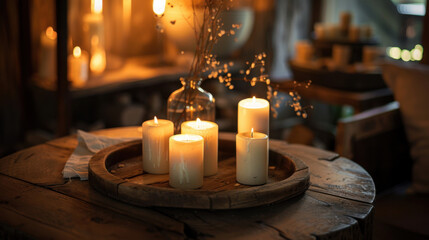 table with candles on wooden tray