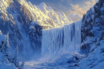 Majestic frozen waterfall cascades down a snow-covered mountain valley in a breathtaking winter landscape.