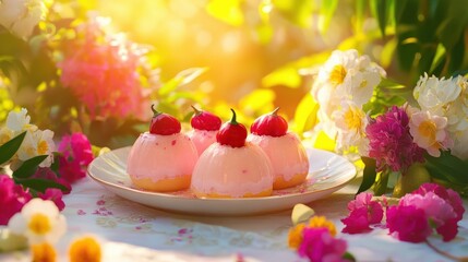 Delicious pink desserts with cherries, surrounded by colorful flowers, on a sunny day. Perfect for any sweet occasion.