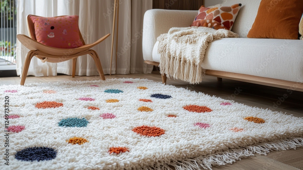 Poster soft and plush, the shag rug with colorful polka dots and tassels adds a playful touch to a modern l