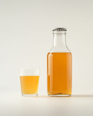 Bottle and glass of golden kombucha tea on white background