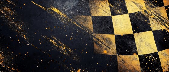 This striking checkered flag graphic on a bold dark background with gold highlights is perfect for racing themes and design projects, making it great for automotive visuals and promotions