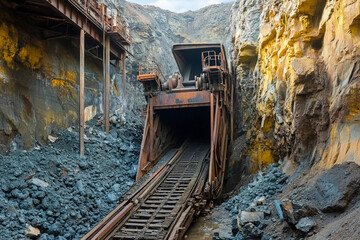 Fototapeta premium asbestos mine: Old Asbestos Mine Site Revealing Derelict Structures, Hazardous Conditions, and Industrial Relics