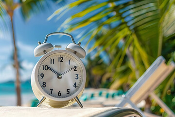 Sunny Tropical Beach has Alarm Clock lounging on Deck Chair