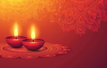 Happy Diwali celebration background. front view of banner design decorated with illuminated oil lamps on patterned red background. Vector watercolor style. text Digital corollary