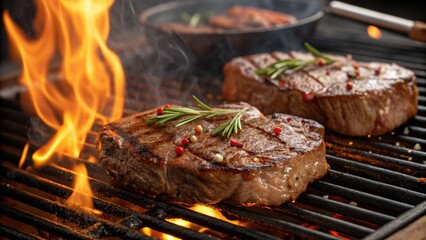 Two steaks cooking on a grill with flames in an outdoor barbecue setting