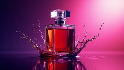 Elegant amber perfume bottle with dynamic splashes